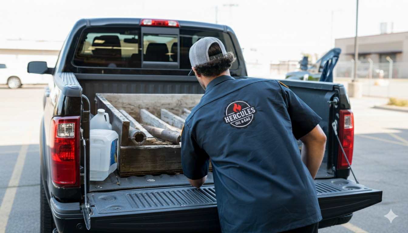 Hercules Petro technician with a pickup loaded with Thru Tubing downhole tools