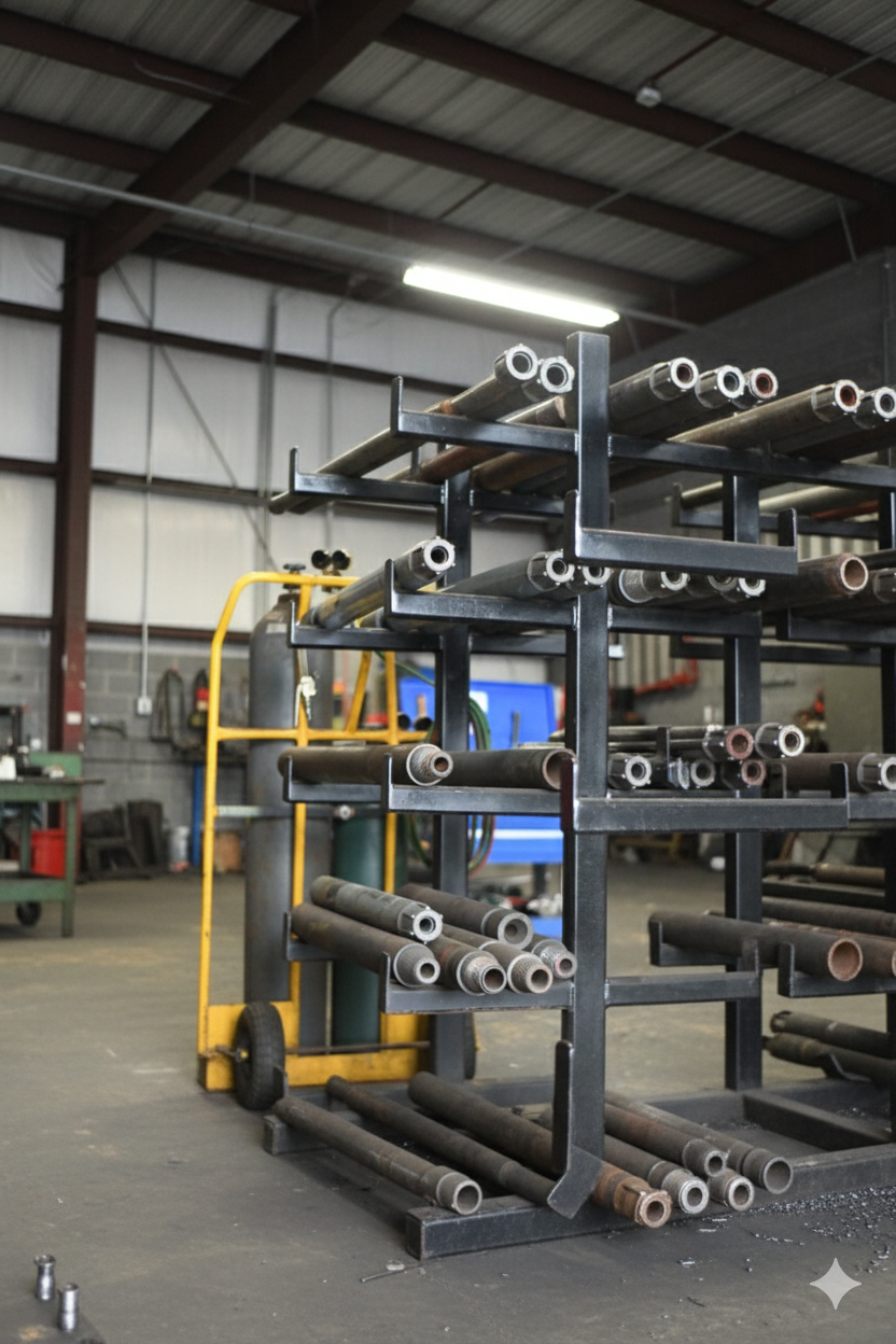 Coiled estanteria taller Coiled tubing BHA tools racked in the Hercules Petro shop